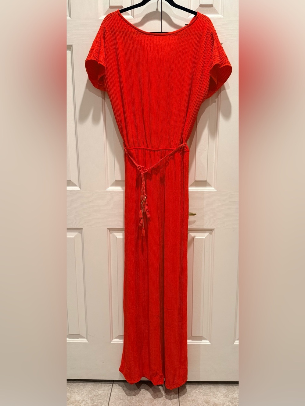 AKIRA Jumpsuit Large Bright Red Orange Ribbing with Tassel Tie